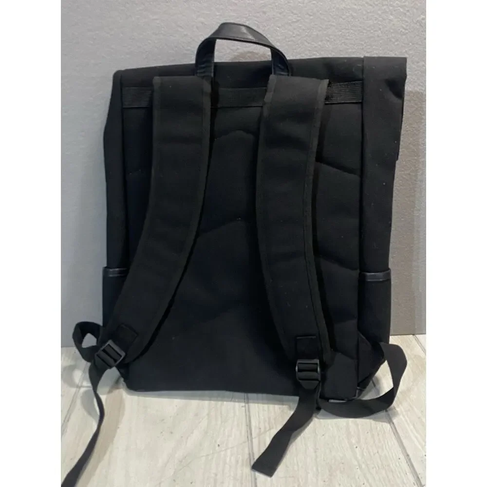 Mercedes Benz Black Canvas Backpack Laptop Bag Leather Bottom Side Drink Pockets